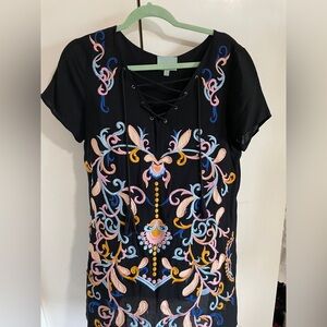 Skies Are Blue Black Lace-Up Tunic with Pastel Embroidered Floral Motif